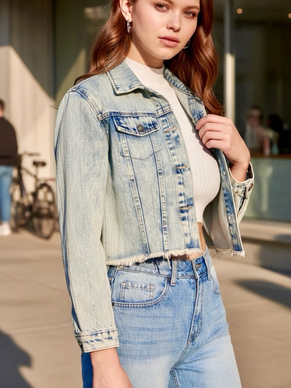 Striped Rhinestone Distressed Denim Jacket - Picture 10 of 12